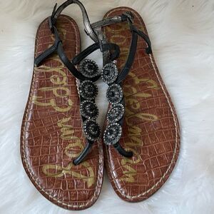 Sam Edelman Galia leather black ankle strap thong sandals with RhinestonesSZ7.5M